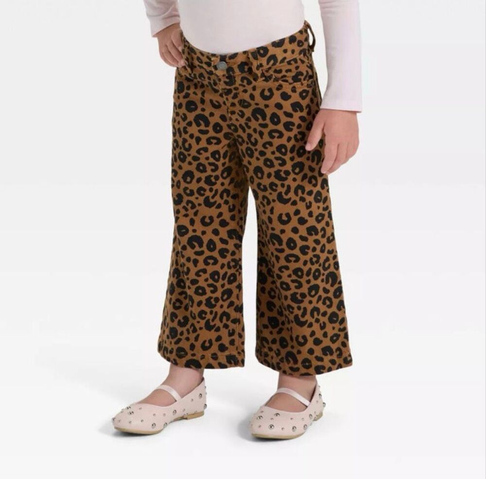 Cat & Jack Toddler Girl Leopard Cheetah Print Wide Leg Denim Jeans Pants Sz 18M